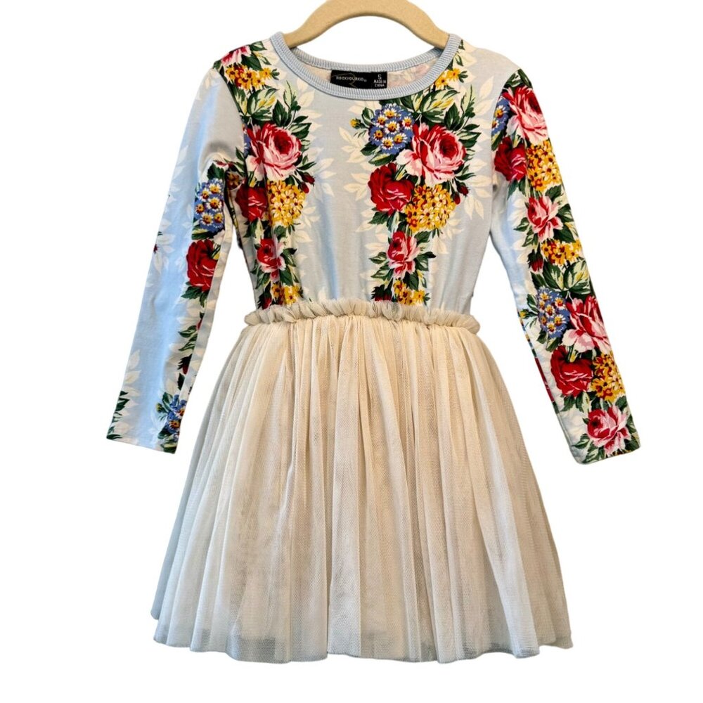 ROCK YOUR BABY Floral Dress Girls 5 5T Tulle Tutu Blue Flowers Rock Your Kid